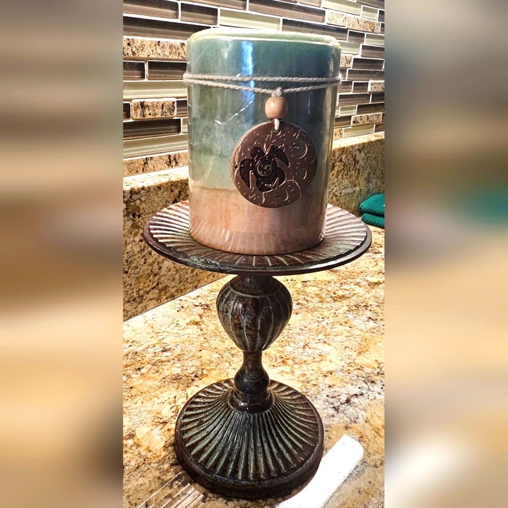 Pair of Iron Candle Sticks from Ethan Allen.  Brown with a Verde glaze.